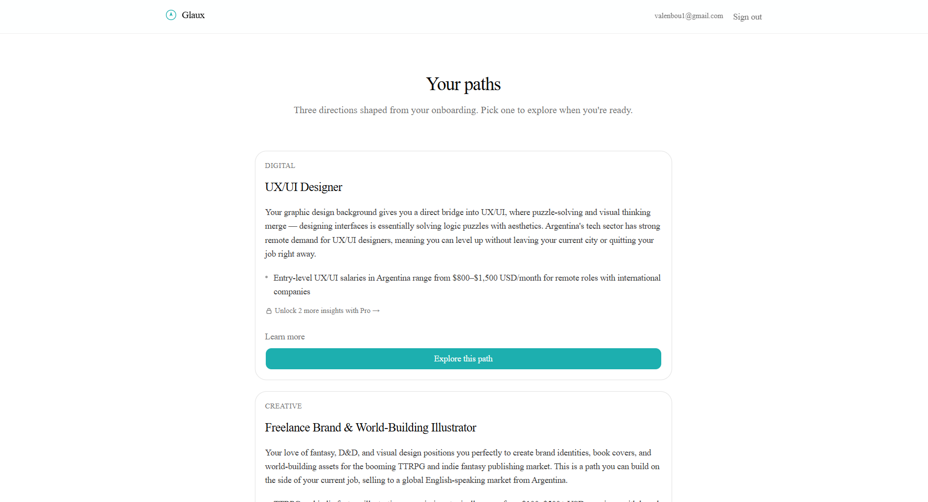 Glaux dashboard showing three personalized career paths